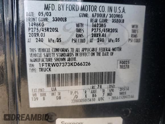 ✅ 2003 Ford F-150 Harley-Davidson • VIN: 1FTRW07373KD66326 • Lot: 59382485. Listed on Copart with 84,079 mi. Free auction sales archive from the USA and detailed vehicle history report at DreamBid. Image 12.