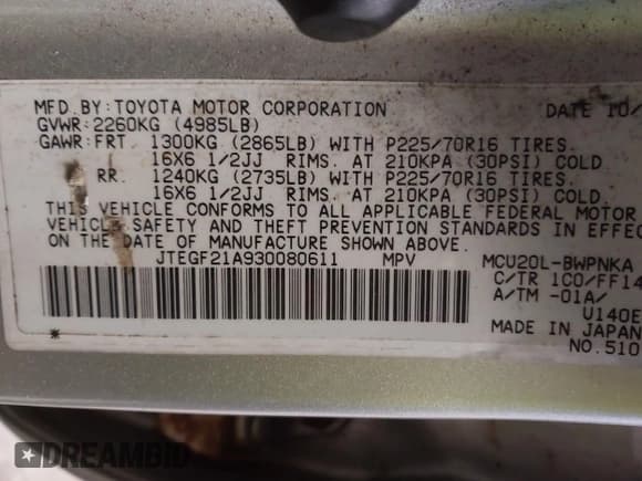 ✅ 2003 Toyota Highlander • VIN: JTEGF21A930080611 • Lot: 43830438. Listed on IAAI with 178,254 mi. Free auction sales archive from the USA and detailed vehicle history report at DreamBid. Image 9.