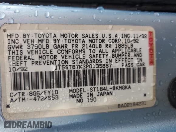 ✅ 1993 Toyota Celica • VIN: JT5ST87K3P0135887 • Лот: 79416884. Опубликован ранее на Copart с пробегом 198 326 миль. Бесплатный доступ к архиву аукционных продаж из США и подробный отчёт об истории автомобиля на DreamBid. Изображение 12.