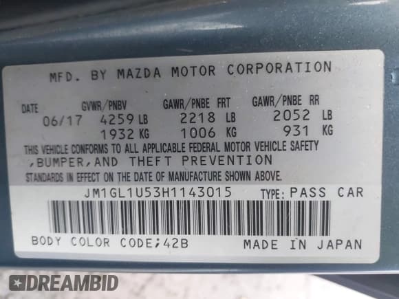 ✅ 2017 Mazda 6 Sport • VIN: JM1GL1U53H1143015 • Lot: 43768546. Listed on IAAI with 245,429 mi. Free auction sales archive from the USA and detailed vehicle history report at DreamBid. Image 9.
