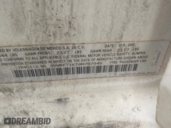✅ 2006 Volkswagen Jetta 2.5L • VIN: 3VWRF71K76M787045 • Lot: 42177598. Wystawiony na IAAI z przebiegiem 275 169 mil. Bezpłatny archiwum sprzedaży aukcyjnych z USA i szczegółowy raport historii pojazdu na DreamBid. Zdjęcie 9.