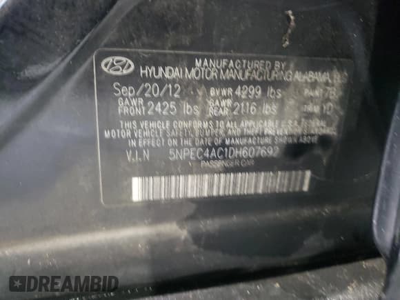 ✅ 2013 Hyundai Sonata SE • VIN: 5NPEC4AC1DH607692 • Lot: 67731525. Listed on Copart with 227,855 mi. Free auction sales archive from the USA and detailed vehicle history report at DreamBid. Image 12.