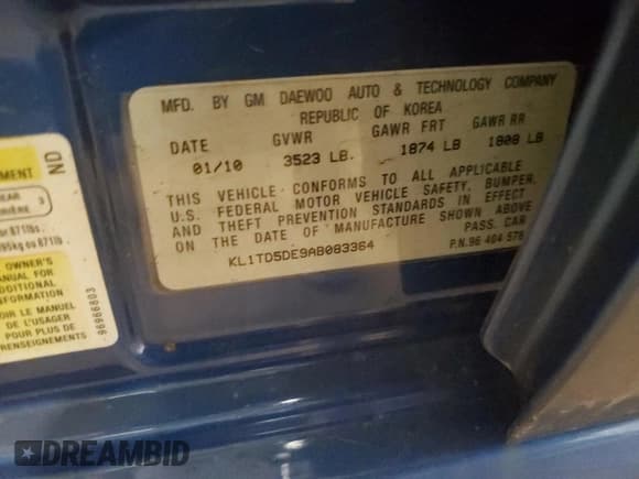 ✅ 2010 Chevrolet Aveo 1LT • VIN: KL1TD5DE9AB083364 • Lot: 50867345. Wystawiony na Copart z przebiegiem 100 075 mil. Bezpłatny archiwum sprzedaży aukcyjnych z USA i szczegółowy raport historii pojazdu na DreamBid. Zdjęcie 12.