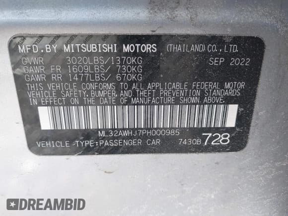 ✅ 2023 Mitsubishi Mirage Black Edition • VIN: ML32AWHJ7PH000985 • Lot: 41715630. Listed on IAAI with 33,582 mi. Free auction sales archive from the USA and detailed vehicle history report at DreamBid. Image 9.