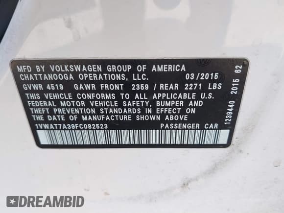 ✅ 2015 Volkswagen Passat Limited Edition • VIN: 1VWAT7A39FC082523 • Lot: 41773358. Listed on IAAI with 217,069 mi. Free auction sales archive from the USA and detailed vehicle history report at DreamBid. Image 9.