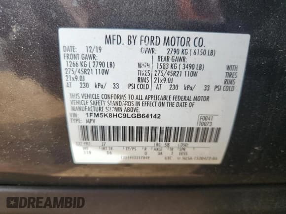 ✅ 2020 Ford Explorer Platinum • VIN: 1FM5K8HC9LGB64142 • Лот: 89881095. Опубликован ранее на Copart с пробегом 94 032 миль. Бесплатный доступ к архиву аукционных продаж из США и подробный отчёт об истории автомобиля на DreamBid. Изображение 14.