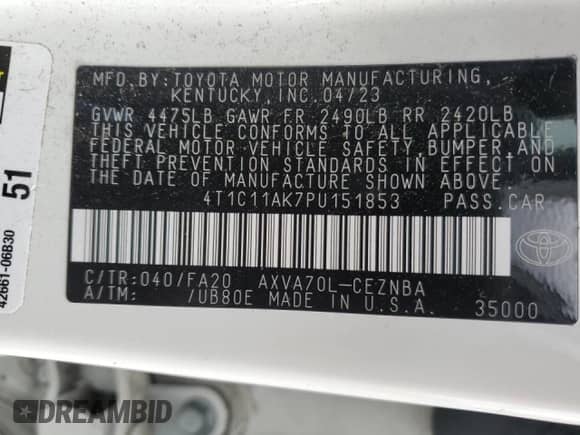 2023 Toyota Camry LE z VIN 4T1C11AK7PU151853, wystawiony jako Copart lot #81378565 z przebiegiem 19 510 mil mil oraz Czysty tytuł • Clean title. Historia ofert i sprzedaży dostępna na DreamBid. Obrazek 12.