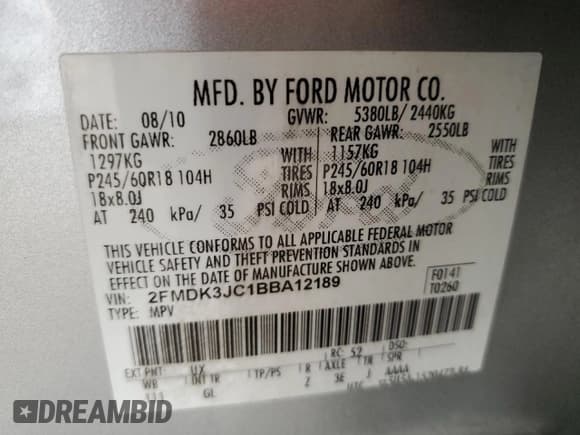 ✅ 2011 Ford Edge SEL • VIN: 2FMDK3JC1BBA12189 • Lot: 68868795. Wystawiony na Copart z przebiegiem 225 671 mil. Bezpłatny archiwum sprzedaży aukcyjnych z USA i szczegółowy raport historii pojazdu na DreamBid. Zdjęcie 12.