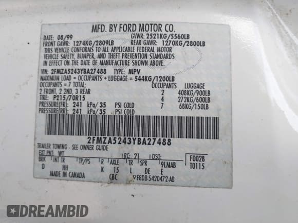 ✅ 2000 Ford Windstar SE • VIN: 2FMZA5243YBA27488 • Lot: 42019378. Listed on IAAI with 182,570 mi. Free auction sales archive from the USA and detailed vehicle history report at DreamBid. Image 9.