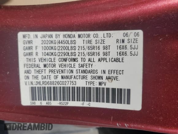 ✅ 2006 Honda CR-V EX • VIN: JHLRD68826C027753 • Lot: 86465455. Listed on Copart with 138,873 mi. Free auction sales archive from the USA and detailed vehicle history report at DreamBid. Image 13.