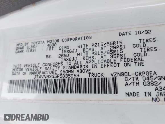 ✅ 1993 Toyota Pickup SR5 • VIN: JT4VN93G5P5035053 • Lot: 42883572. Wystawiony na IAAI z przebiegiem 141 200 mil. Bezpłatny archiwum sprzedaży aukcyjnych z USA i szczegółowy raport historii pojazdu na DreamBid. Zdjęcie 9.