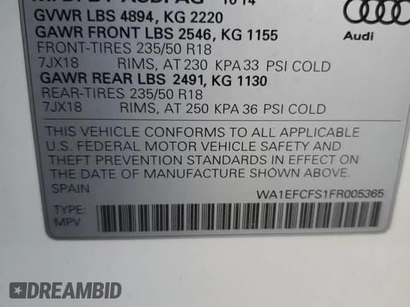 ✅ 2015 Audi Q3 Premium Plus • VIN: WA1EFCFS1FR005365 • Лот: 92708605. Опубликован ранее на Copart с пробегом Не указан. Бесплатный доступ к архиву аукционных продаж из США и подробный отчёт об истории автомобиля на DreamBid. Изображение 13.