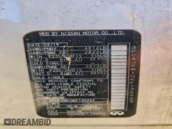 ✅ 2019 Infiniti QX50 Pure • VIN: 3PCAJ5M10KF135923 • Lot: 96985575. Wystawiony na Copart z przebiegiem 126 198 mil. Bezpłatny archiwum sprzedaży aukcyjnych z USA i szczegółowy raport historii pojazdu na DreamBid. Zdjęcie 13.