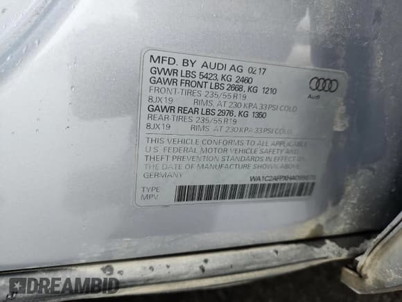 ✅ 2017 Audi Q5 Premium • VIN: WA1C2AFPXHA099878 • Lot: 66546085. Wystawiony na Copart z przebiegiem 65 991 mil. Bezpłatny archiwum sprzedaży aukcyjnych z USA i szczegółowy raport historii pojazdu na DreamBid. Zdjęcie 12.