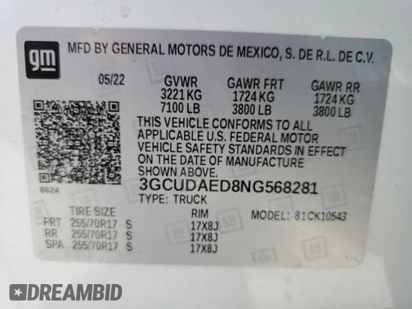 2022 Chevrolet Silverado 1500 Work Truck with VIN 3GCUDAED8NG568281, listed as a Copart auction lot 67176993 with 24,606 mi miles and Salvage title. Bid and sale history available at DreamBid. Image 14.
