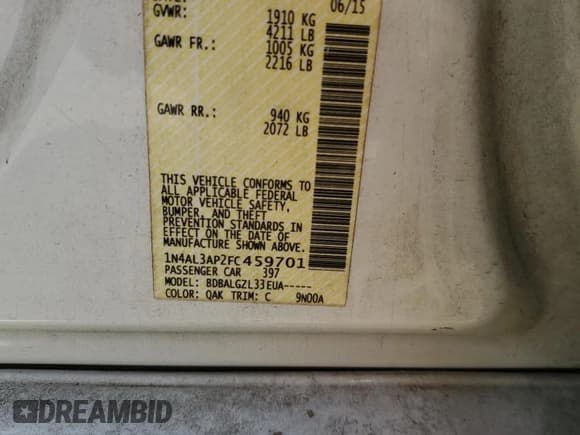 ✅ 2015 Nissan Altima 2.5 • VIN: 1N4AL3AP2FC459701 • Lot: 86534895. Wystawiony na Copart z przebiegiem 272 607 mil. Bezpłatny archiwum sprzedaży aukcyjnych z USA i szczegółowy raport historii pojazdu na DreamBid. Zdjęcie 12.