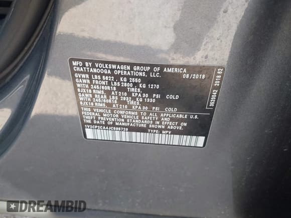 ✅ 2018 Volkswagen Atlas SE • VIN: 1V2CP2CA4JC595720 • Lot: 43625328. Listed on IAAI with 125,209 mi. Free auction sales archive from the USA and detailed vehicle history report at DreamBid. Image 9.