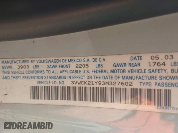 ✅ 2003 Volkswagen Beetle GLS • VIN: 3VWCK21Y93M327602 • Лот: 43057066. Опубликован ранее на IAAI с пробегом 107 753 миль. Бесплатный доступ к архиву аукционных продаж из США и подробный отчёт об истории автомобиля на DreamBid. Изображение 9.