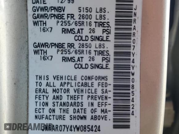 ✅ 2000 Infiniti QX4 • VIN: JNRAR07Y4YW085424 • Лот: 81091324. Опубликован ранее на Copart с пробегом 202 157 миль. Бесплатный доступ к архиву аукционных продаж из США и подробный отчёт об истории автомобиля на DreamBid. Изображение 13.