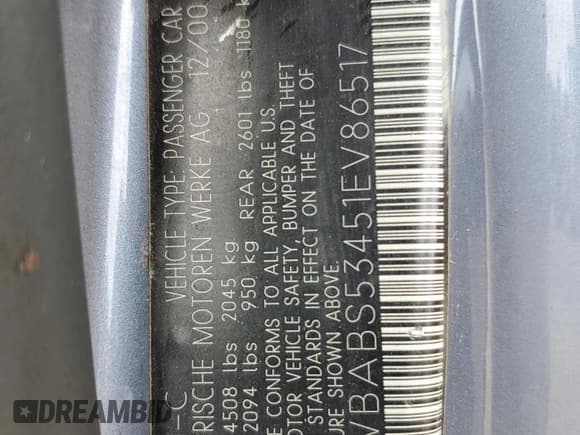 ✅ 2001 BMW 3 Series 330Ci • VIN: WBABS53451EV86517 • Lot: 66215985. Listed on Copart with 162,327 mi. Free auction sales archive from the USA and detailed vehicle history report at DreamBid. Image 12.