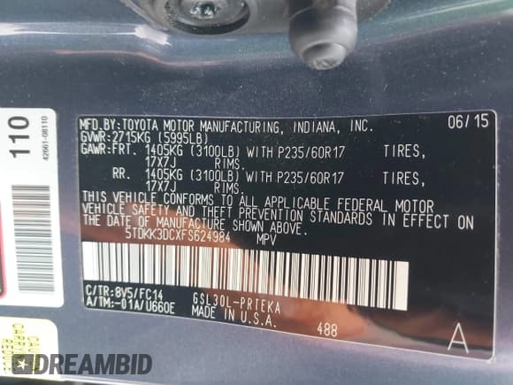 ✅ 2015 Toyota Sienna LE AAS • VIN: 5TDKK3DCXFS624984 • Lot: 42560632. Listed on IAAI with 169,034 mi. Free auction sales archive from the USA and detailed vehicle history report at DreamBid. Image 9.