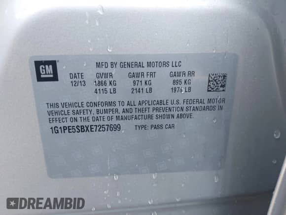 2014 Chevrolet Cruze 2LT with VIN 1G1PE5SBXE7257699, listed as a IAAI auction lot 43514227 with 131,115 mi miles and . Bid and sale history available at DreamBid. Image 9.