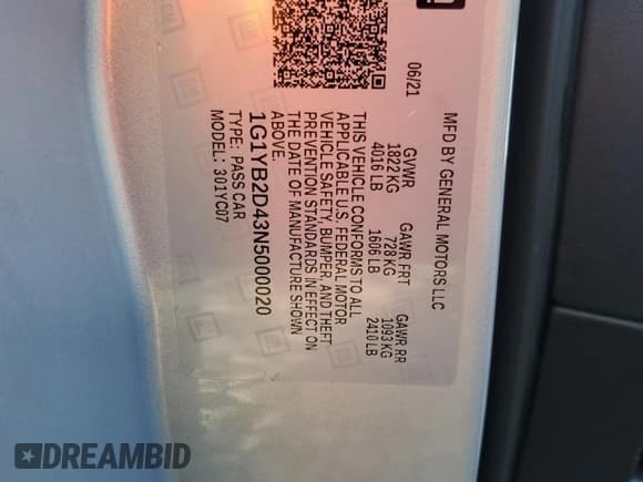 ✅ 2022 Chevrolet Corvette 2LT • VIN: 1G1YB2D43N5000020 • Lot: 89662695. Listed on Copart with 3,035 mi. Free auction sales archive from the USA and detailed vehicle history report at DreamBid. Image 12.