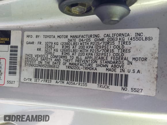 ✅ 2005 Toyota Tacoma • VIN: 5TENX22N95Z086812 • Lot: 43535641. Listed on IAAI with 112,114 mi. Free auction sales archive from the USA and detailed vehicle history report at DreamBid. Image 9.