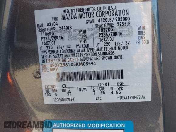 ✅ 2005 Mazda Tribute S • VIN: 4F2YZ961X5KM08594 • Lot: 43797779. Wystawiony na IAAI z przebiegiem 196 524 mil. Bezpłatny archiwum sprzedaży aukcyjnych z USA i szczegółowy raport historii pojazdu na DreamBid. Zdjęcie 9.