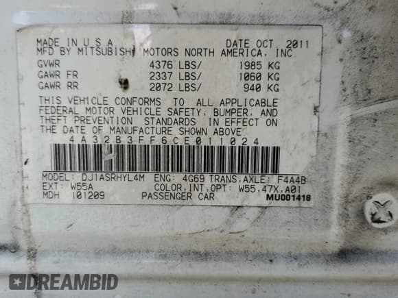 ✅ 2012 Mitsubishi Galant ES • VIN: 4A32B3FF6CE011024 • Lot: 93695025. Listed on Copart with 177,189 mi. Free auction sales archive from the USA and detailed vehicle history report at DreamBid. Image 13.