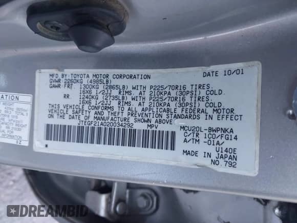 2002 Toyota Highlander z VIN JTEGF21A020034292, wystawiony jako IAAI lot #43509432 z przebiegiem 318 217 mil mil oraz . Historia ofert i sprzedaży dostępna na DreamBid. Obrazek 9.