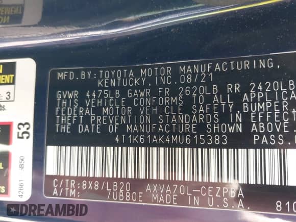 2021 Toyota Camry XSE with VIN 4T1K61AK4MU615383, listed as a IAAI auction lot 43193305 with 57,706 mi miles and . Bid and sale history available at DreamBid. Image 9.