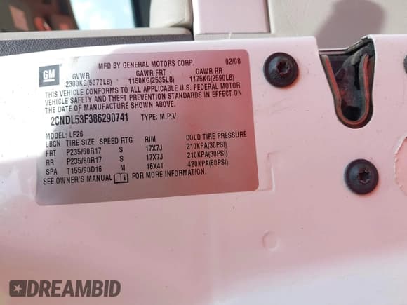 ✅ 2008 Chevrolet Equinox LT • VIN: 2CNDL53F386290741 • Лот: 42775388. Опубликован ранее на IAAI с пробегом 166 354 миль. Бесплатный доступ к архиву аукционных продаж из США и подробный отчёт об истории автомобиля на DreamBid. Изображение 9.