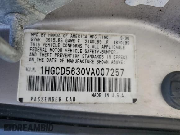 ✅ 1997 Honda Accord LX • VIN: 1HGCD5630VA007257 • Лот: 66043264. Опубликован ранее на Copart с пробегом 265 262 миль. Бесплатный доступ к архиву аукционных продаж из США и подробный отчёт об истории автомобиля на DreamBid. Изображение 12.