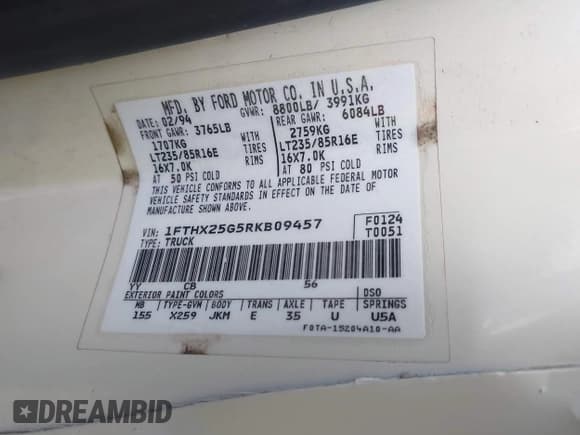 ✅ 1994 Ford F-250 • VIN: 1FTHX25G5RKB09457 • Lot: 43808411. Listed on IAAI with 138,039 mi. Free auction sales archive from the USA and detailed vehicle history report at DreamBid. Image 9.