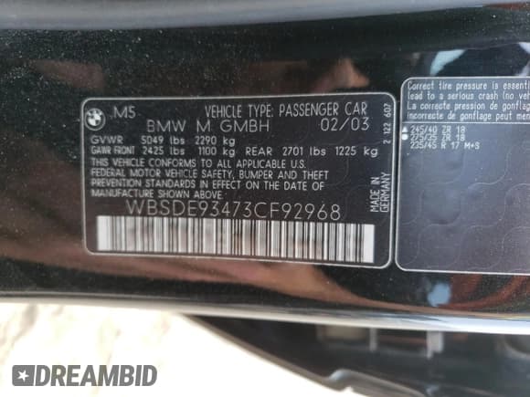 ✅ 2003 BMW 5 Series M5 • VIN: WBSDE93473CF92968 • Лот: 62267784. Опубликован ранее на Copart с пробегом Не указан. Бесплатный доступ к архиву аукционных продаж из США и подробный отчёт об истории автомобиля на DreamBid. Изображение 13.