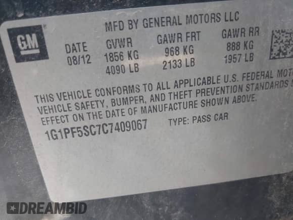 2012 Chevrolet Cruze 1LT с VIN 1G1PF5SC7C7409067, выставлен на аукционе IAAI как лот 43284103 с пробегом 91 648 миль миль и . История ставок и продаж доступна на DreamBid. Изображение 9.