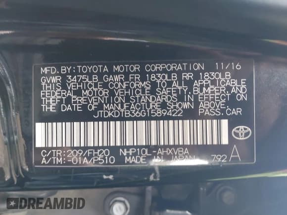 ✅ 2016 Toyota Prius One • VIN: JTDKDTB36G1589422 • Лот: 41883878. Опубликован ранее на IAAI с пробегом 121 791 миль. Бесплатный доступ к архиву аукционных продаж из США и подробный отчёт об истории автомобиля на DreamBid. Изображение 9.