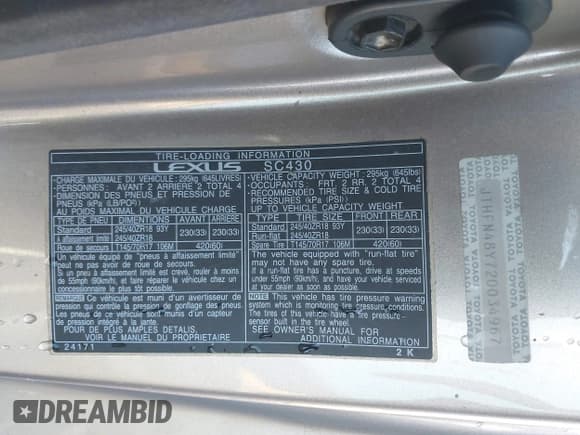 ✅ 2002 Lexus SC 430 • VIN: JTHFN48Y720034967 • Лот: 43668725. Опубликован ранее на IAAI с пробегом 197 693 миль. Бесплатный доступ к архиву аукционных продаж из США и подробный отчёт об истории автомобиля на DreamBid. Изображение 9.