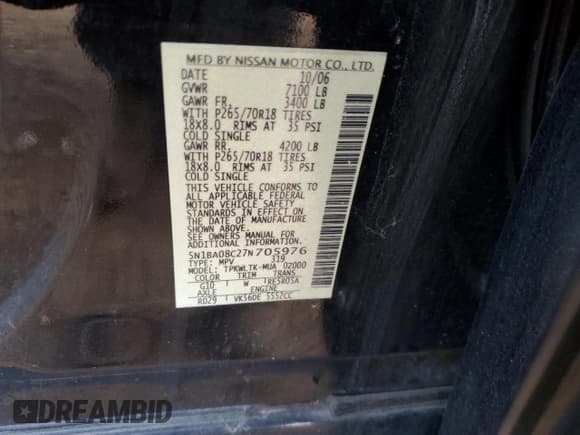 ✅ 2007 Nissan Armada LE • VIN: 5N1BA08C27N705976 • Лот: 83799424. Опубликован ранее на Copart с пробегом 199 898 миль. Бесплатный доступ к архиву аукционных продаж из США и подробный отчёт об истории автомобиля на DreamBid. Изображение 12.
