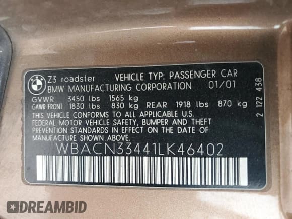 ✅ 2001 BMW Z3 2.5 • VIN: WBACN33441LK46402 • Lot: 57974785. Wystawiony na Copart z przebiegiem 142 661 mil. Bezpłatny archiwum sprzedaży aukcyjnych z USA i szczegółowy raport historii pojazdu na DreamBid. Zdjęcie 12.