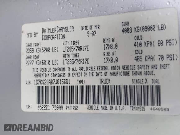 ✅ 2007 Dodge 2500 SLT • VIN: 1D7KS28A87J615661 • Lot: 43222160. Listed on IAAI with 239,948 mi. Free auction sales archive from the USA and detailed vehicle history report at DreamBid. Image 9.