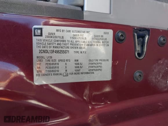 ✅ 2009 Chevrolet Equinox LS • VIN: 2CNDL13F496255071 • Лот: 41536907. Опубликован ранее на IAAI с пробегом 165 021 миль. Бесплатный доступ к архиву аукционных продаж из США и подробный отчёт об истории автомобиля на DreamBid. Изображение 9.