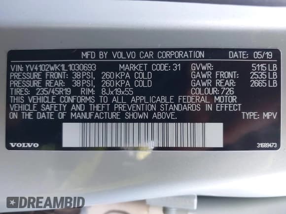 ✅ 2020 Volvo V60 • VIN: YV4102WK1L1030693 • Лот: 43737146. Опубликован ранее на IAAI с пробегом 29 883 миль. Бесплатный доступ к архиву аукционных продаж из США и подробный отчёт об истории автомобиля на DreamBid. Изображение 9.