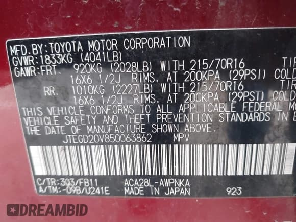 ✅ 2005 Toyota RAV4 • VIN: JTEGD20V850063862 • Лот: 42974709. Опубликован ранее на IAAI с пробегом 143 985 миль. Бесплатный доступ к архиву аукционных продаж из США и подробный отчёт об истории автомобиля на DreamBid. Изображение 9.