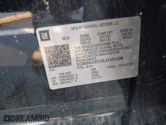 2020 Chevrolet Tahoe Premier z VIN 1GNSKCKC5LR101196, wystawiony jako IAAI lot #42993977 z przebiegiem 112 311 mil mil oraz . Historia ofert i sprzedaży dostępna na DreamBid. Obrazek 9.