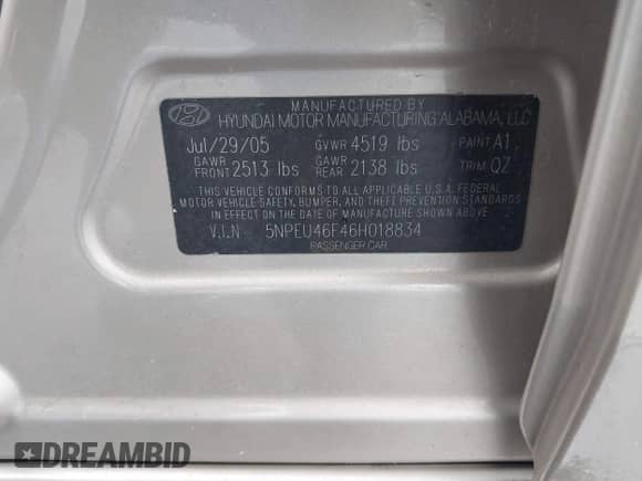 2006 Hyundai Sonata GLS with VIN 5NPEU46F46H018834, listed as a IAAI auction lot 43439822 with 72,494 mi miles and . Bid and sale history available at DreamBid. Image 9.