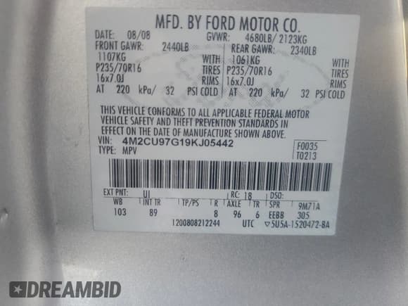 ✅ 2009 Mercury Mariner Premier • VIN: 4M2CU97G19KJ05442 • Lot: 91672915. Listed on Copart with 205,871 mi. Free auction sales archive from the USA and detailed vehicle history report at DreamBid. Image 13.