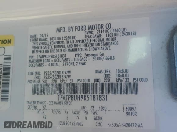 ✅ 2019 Ford Mustang EcoBoost Premium • VIN: 1FATP8UH9K5181831 • Lot: 84586165. Listed on Copart with 119,120 mi. Free auction sales archive from the USA and detailed vehicle history report at DreamBid. Image 12.