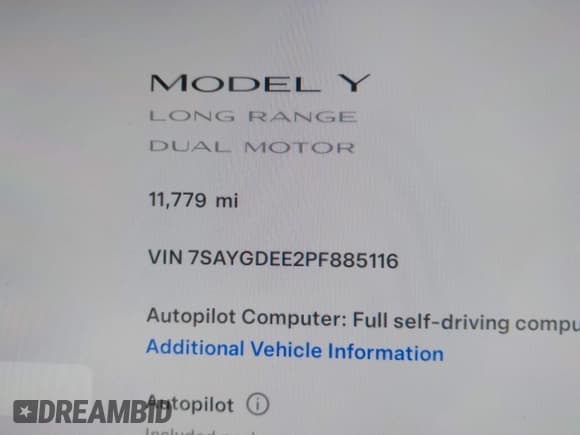 ✅ 2023 Tesla Model Y Long Range • VIN: 7SAYGDEE2PF885116 • Lot: 40091902. Listed on IAAI with 11,779 mi. Free auction sales archive from the USA and detailed vehicle history report at DreamBid. Image 7.